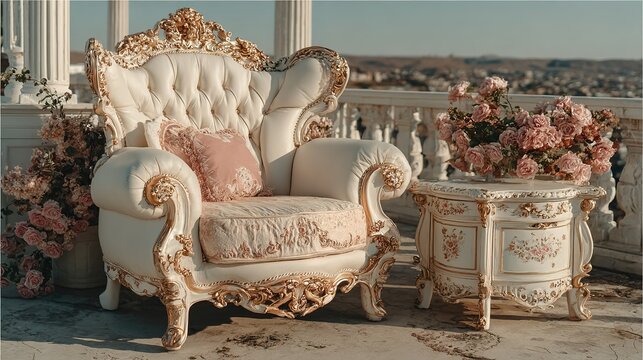 Ornate chair and table with flowers on a balcony overlooking a landscape.