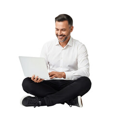 Man working on laptop, crossed legged on transparent background, business professional with happy
