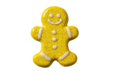 a yellow cookie shaped like a man with a smile