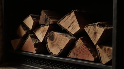 stacked firewood neatly arranged near a warm interior, perfect for a winter setting | winter, home, rustic, cozy, warmth theme
