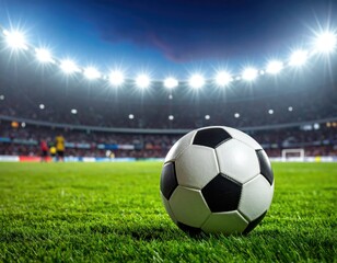Soccer ball on a vibrant green field, in a stadium lit by powerful spotlights