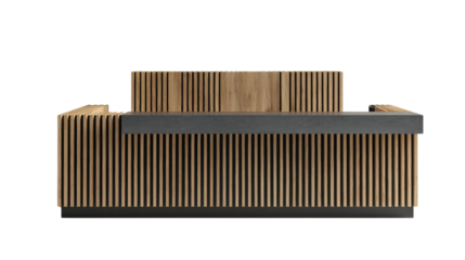 Contemporary reception desk design showcasing minimalist aesthetics and wooden slats on a