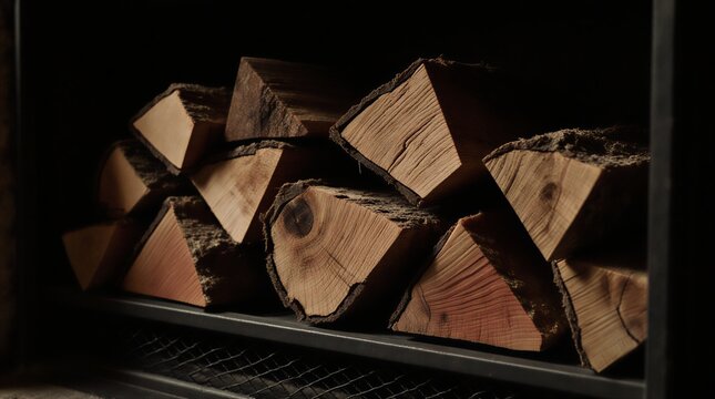 stacked firewood neatly arranged near a warm interior, perfect for a winter setting | winter, home, rustic, cozy, warmth theme