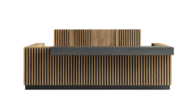 Contemporary reception desk design showcasing minimalist aesthetics and wooden slats on a