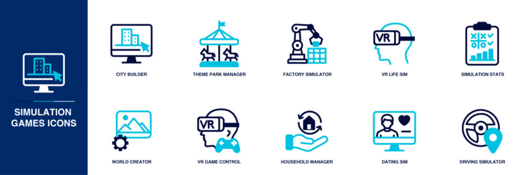 Simulation Games Blue Colored Outline Icon Set