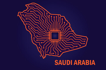 Colorful vector map of Saudi Arabia combined with abstract microchip circuit elements, ideal for modern digital graphics, innovative themes, technology posters, and visual presentations.