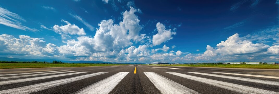Wide open aerodrome runway under the blue sky with beautiful white clouds. Panoramic shot of an airstrip in summer