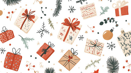 Christmas decorations on white background with ornaments, snowflakes, and festive elements. Perfect for holiday wallpaper, backgrounds, or seasonal designs.