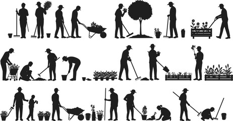 Gardening Silhouette Vector Set of People Planting, Watering, Raking, and Working in Garden with Tools and Flower Beds