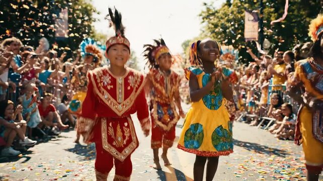 Children dancing colorful festival parade cinematic UHD handheld cultural celebration stock footage. youngster frolic vibrant gala procession filmic ultra high definition portable