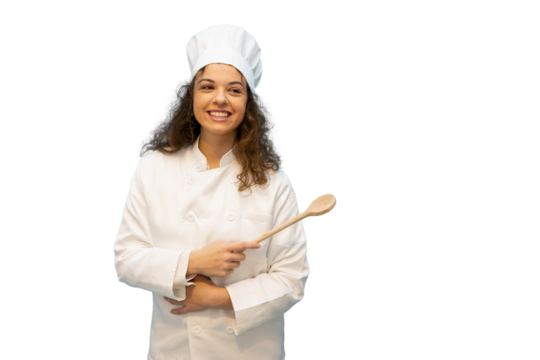 Young female chef in white uniform holding wooden spoon, smiling and looking sideways on a transparent background - Powered by Adobe