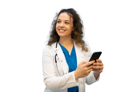 Female doctor smiling and using smartphone, isolated on transparent background, ideal for healthcare and technology concepts