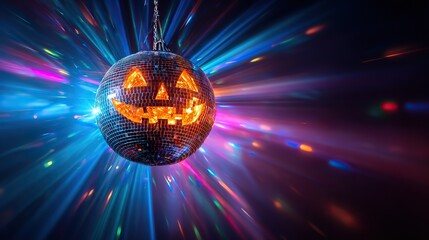 Halloween jack-o'-lantern disco ball glowing with vibrant party lights, festive spooky decoration for Halloween celebration and nightclub atmosphere