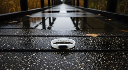 Outdoor running concept: plain silicone wristband on gravel in rain-darkened boardwalk through wetlands