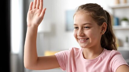 Close up child raising hand online class cinematic UHD handheld EdTech lifestyle stock footage. young pupil gesture virtual lesson filmic portable digital learning existence - Powered by Adobe