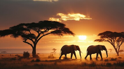 Fototapeta premium African Savanna Sunset with Silhouetted Acacia Trees and Elephants Walking Across Golden Plains, Warm Glowing Sky, Wildlife Landscape Photography 