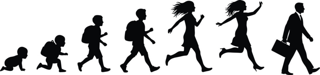 Life stages silhouette evolution from baby to adult businessman, growing up concept, human development timeline vector illustration isolated