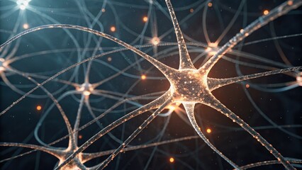 A close-up view of interconnected neurons, showcasing their intricate structures and glowing connections in a dark background.