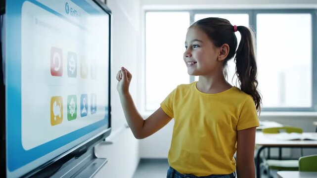 Close up child tapping interactive smartboard screen cinematic UHD handheld EdTech classroom stock footage. kid touching digital panel ultra high definition education learning center
