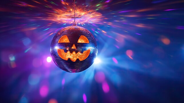 Halloween jack-o'-lantern disco ball glowing with vibrant party lights, festive spooky decoration for Halloween celebration and nightclub atmosphere