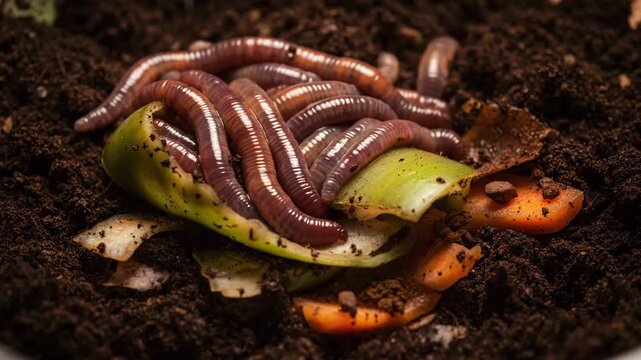 Close up composting worms breaking down food scraps cinematic UHD zero waste eco stock footage. vermiculture decay refuse macro organic ultra high definition sustainable
