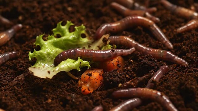Close up composting worms breaking down food scraps cinematic UHD zero waste eco stock footage. vermiculture decaying refuse macro organic ultra high definition ecological.