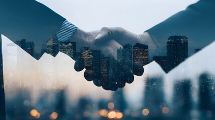 A double-exposure image of businesspeople shaking hands against a backdrop of urban office buildings, symbolizing the successful partnership in commercial transactions.