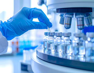 A scientist's gloved hands using a centrifuge or automated sampler in a laboratory. A concept for scientific research, pharmaceuticals, and medical testing. Generative AI