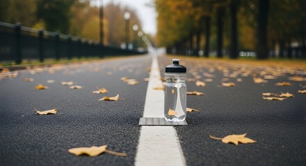 Outdoor running concept with unbranded water bottle by a city riverside path with autumn leaves and crisp lane markings, natural light, deep focus, clean composition, copy space.