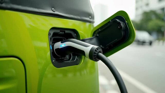 Close up electric tuk tuk charging roadside station cinematic UHD sustainable transport stock footage. eco auto recharge depot detail filmic ultra high definition green mobility
