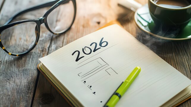 Looking ahead to 2026 a notebook with the year 2026 written on it, accompanied by a pen, glasses, and a cup of coffee on a rustic wooden table