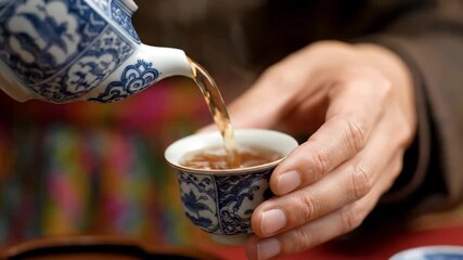 Close up hands pouring tea ornate glasses cinematic UHD handheld Eid feast tradition stock video. beverage service hands liquid stream fancy stemware ultra high - Powered by Adobe