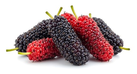 Fresh Ripe Red and Black Mulberries Isolated on White.
