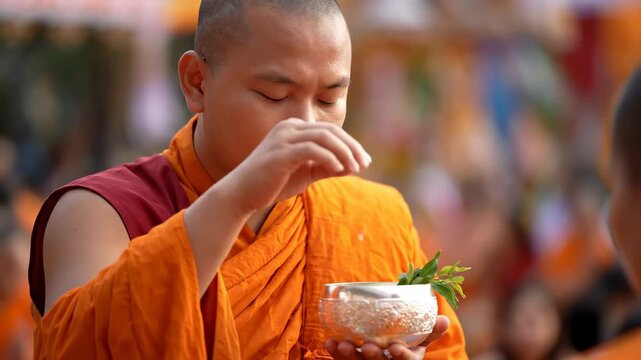 Close up monk blessing devotees holy water cinematic UHD Songkran cultural tradition stock video. cleric anointing follower sacred liquid filmic ultra high definition thai rite