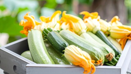 Fresh zucchini in a wooden crate