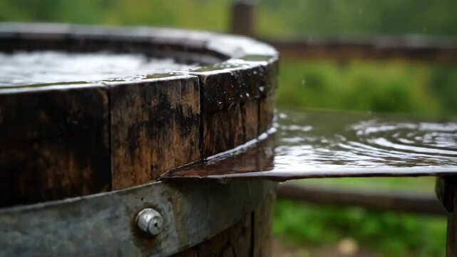Close up rainwater harvesting barrel collecting drops cinematic UHD handheld eco rural lifestyle stock footage. macro precipitation catchment drum gathering droplet filmic ultra high