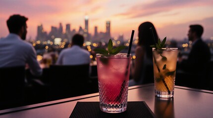 stylish rooftop bar with vibrant cocktail overlooking a beautiful cityscape at dusk | leisure, celebration, relaxation, lifestyle, party theme