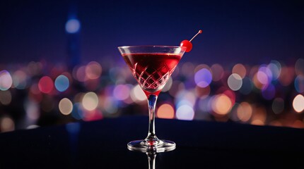 red cocktail with cherry garnish during a vibrant city nightscape | nightlife, travel, relaxation, celebration, food theme