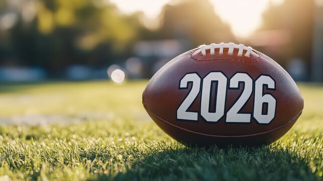 An american football with the year 2026 printed on it sitting in the grass on a sunny day with a shallow depth of field and bokeh background