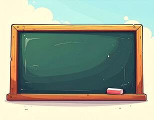 A simple, empty green chalkboard with a wooden frame and a piece of chalk. A retro, cartoon-style vector illustration for education and school concepts. Generative AI