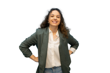 Portrait of a confident businesswoman smiling with hands on hips, isolated on transparent background