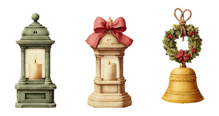 Obraz premium Decorative Lanterns and Bell with Candle and Bow for Festive Seasonal Decor
