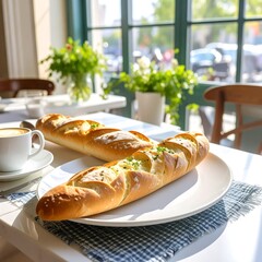 Freshly baked baguettes on a table in a cafe
