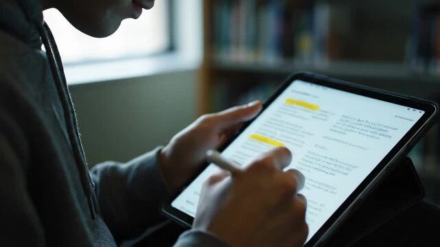 Close up university student highlighting notes ebook cinematic UHD handheld EdTech lifestyle stock footage. academy pupil marking digital textbook filmic ultra high definition portable