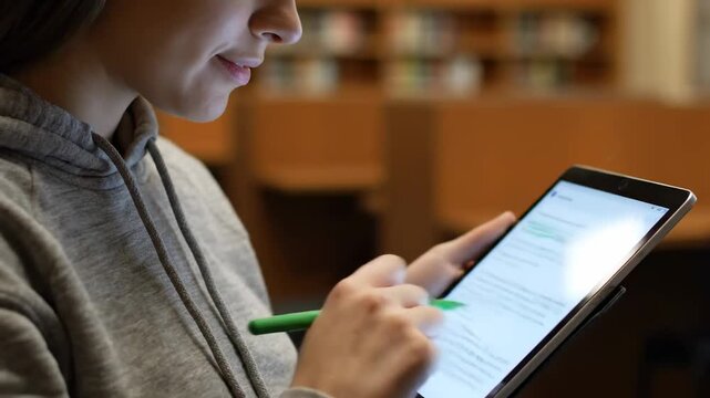 Close up university student highlighting notes ebook cinematic UHD handheld EdTech lifestyle stock footage. pupil marking digital textbook handheld learning device educational
