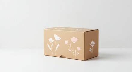 Fototapeta premium Eco-friendly packaging box with floral decoration, clean white background, minimalist stock photo