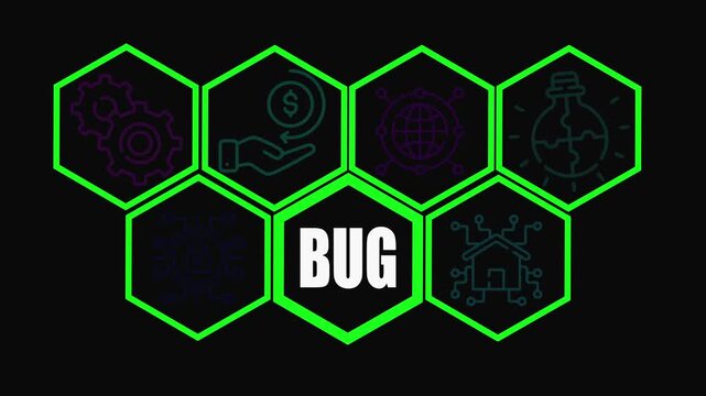 Neon Green Hexagons with ' BUG' Text and Lightbulb Icon on Black Background geometric pattern