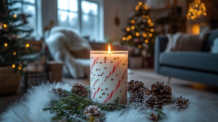Festive Candy Cane Candle with Peppermint Decoration, Cozy Living Room with Christmas Tree and Warm Lights for Holiday Ambiance