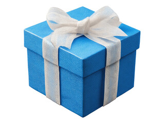 A vibrant, square-shaped gift box, a vivid shade of azure blue, is adorned with a delicate white ribbon bow