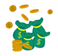 A vibrant flat illustration of money bags with dollar signs and flying gold coins, representing wealth, savings, and financial success. Perfect for finance blogs, investment content, fintech apps